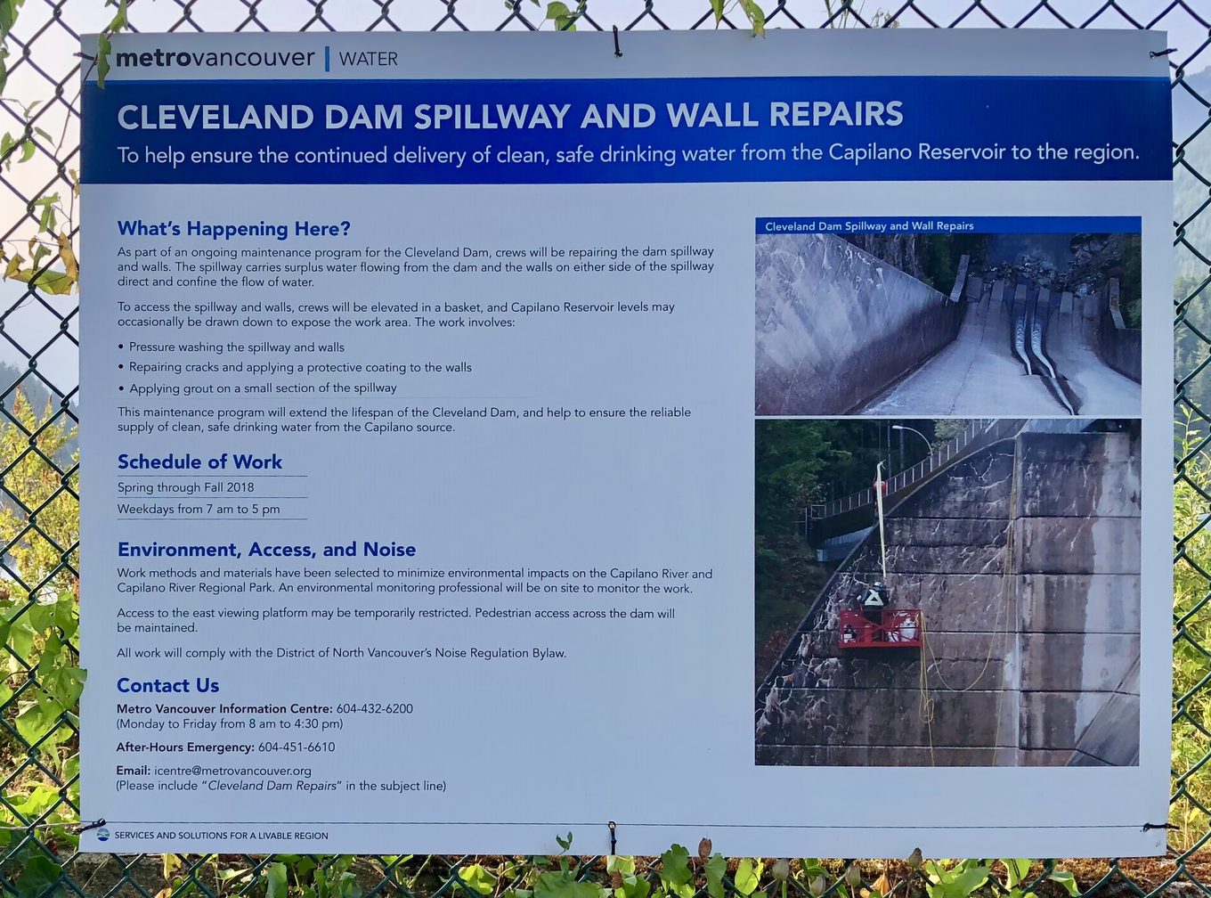 Cleveland Dam Spillway and Wall Repairs information sign